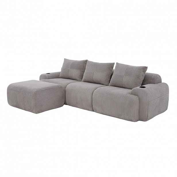 OKWISH MODULÁRNÍ pohovka 268/174/80 cm světle šedá z manšestru s držákem nápojů a boční kapsou