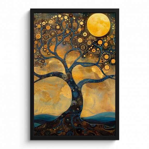 MuchoWow PLAKÁT V RÁMU Strom - Měsíc - Květiny - Zlato - Umění 40x60 cm