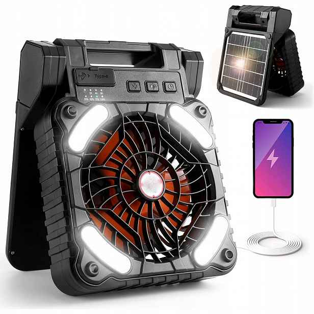 Solární Přenosný Ventilátor Pro Kempování Powerbank Led Usb 6000 mAh