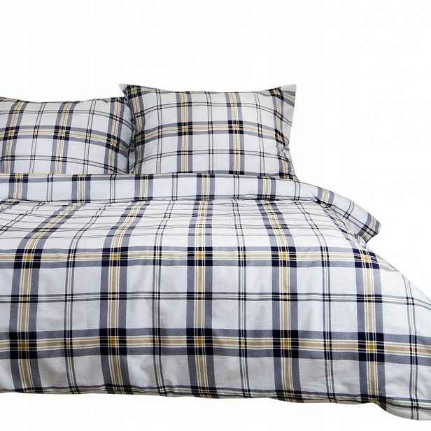 Povlečení 220x200 bílá, tmavě modrá, žlutá kostkovaná tkanina Cottonlove