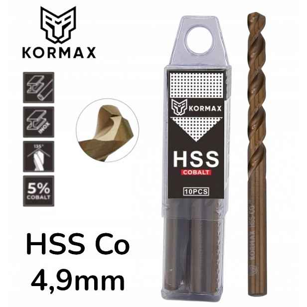 Vrták do kovu 4,9 mm Hss Co5 kobaltový op 10 ks DIN338 Kormax
