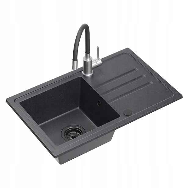 Quadron Ben 111 Dřez 1-komorový 70x44x17,5 Černý Sada Baterie