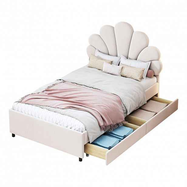 OKWISH DĚTSKÁ postel 90/200 cm béžová z sametu se 2 zásuvkami a lamelovým roštem