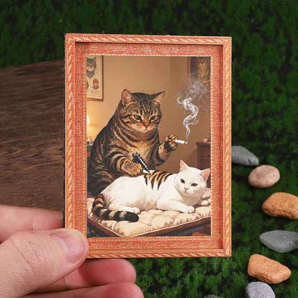 TEMU 1 Mini Magnet na Lednici ve Tvaru Fotografického Rámečku s Tygří Kočky Tetující Bílou Kočku. Zábavný Dekorační Doplněk, Magnet na Lednici pro