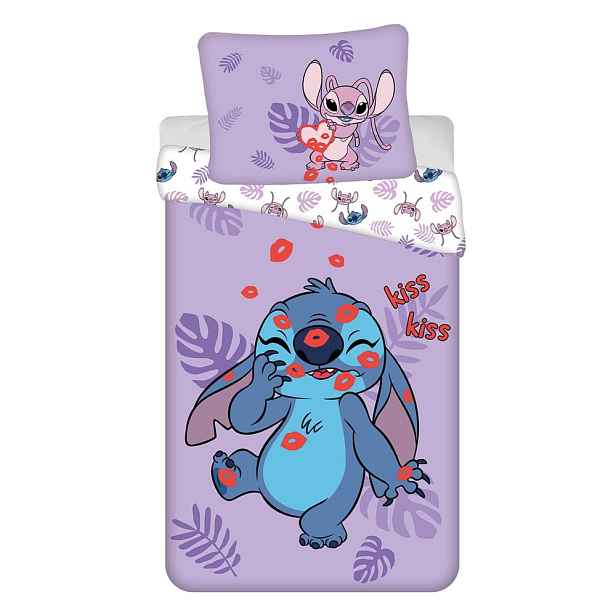 Fialové bavlněné dětské povlečení na jednolůžko 140x200 cm Lilo and Stitch "Kiss" – Jerry Fabrics