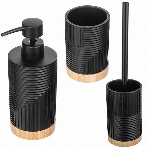Koupelnový Set Kartáč Do Koupelny Wc Dávkovač Hrnek Černé Dřevo 3v1