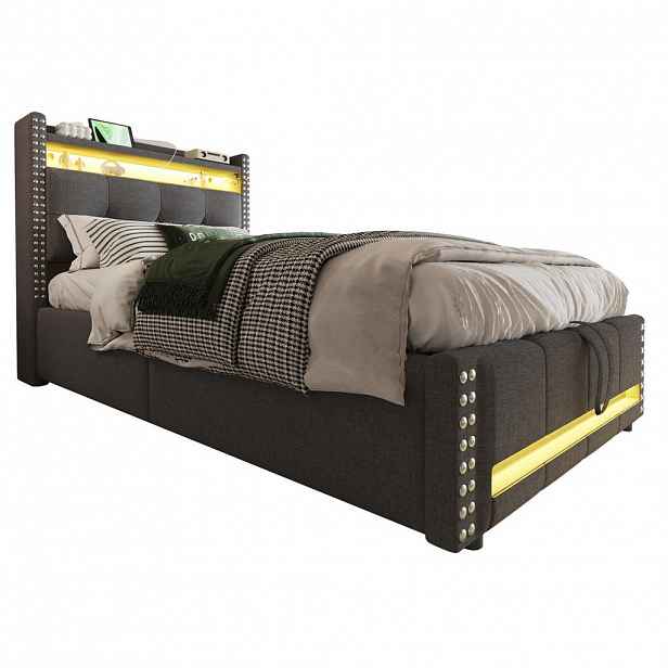 OKWISH ČALOUNĚNÁ postel 90/200 cm šedá z lněné tkaniny s LED, USB a úložným prostorem
