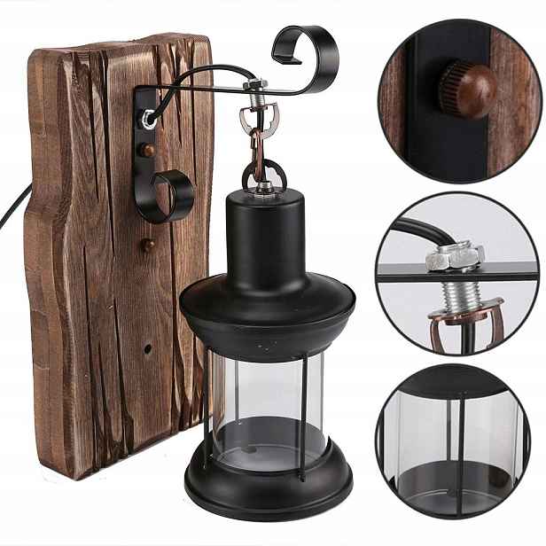 Retro rustikální nástěnná lampa, dřevěná nástěnná lampa ve stylu vintage