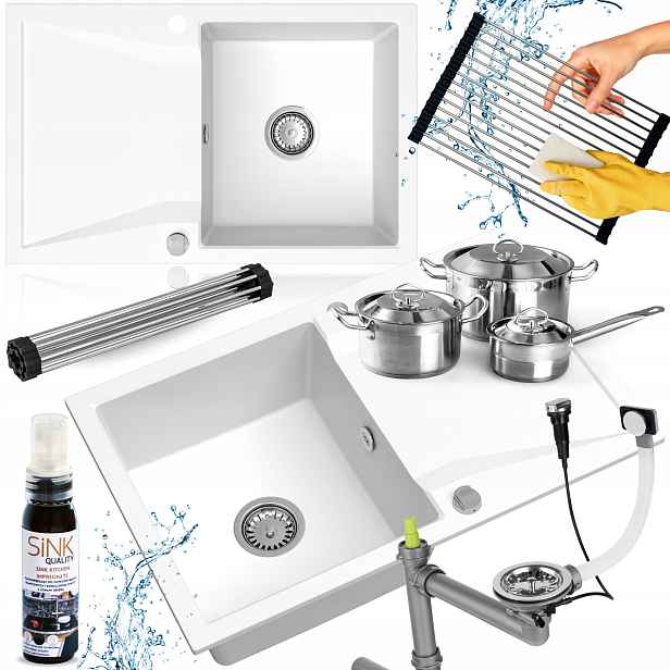 Jednokomorový Dřez Bílý Granitový Sifon Automat Rolovací Podložka 7v1