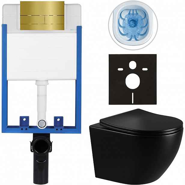 Kompletní WC set Profi/Cesso - černá lesklá - WC tlačítko Line/Zlatá - pro zazdění - 49x36 cm