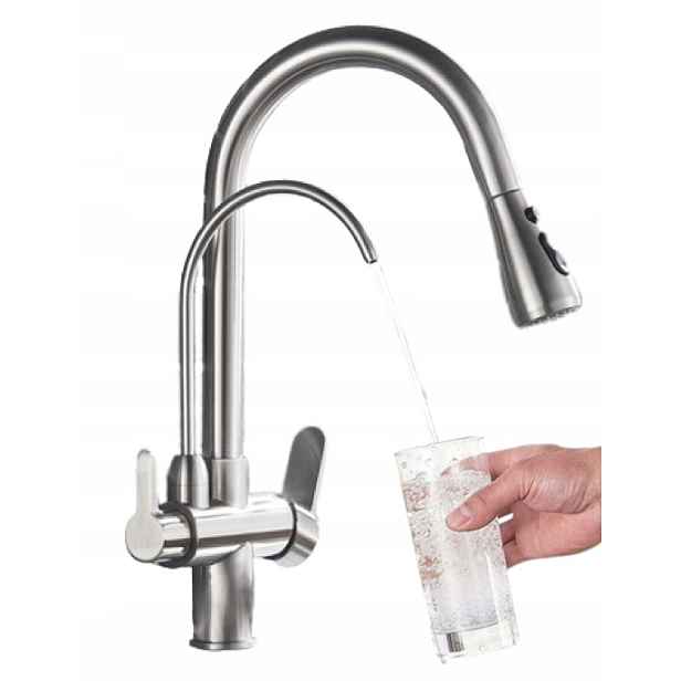 Kuchyňská baterie Třícestná Stříbrný filtr Výsuvný Flexibilní Ramínko