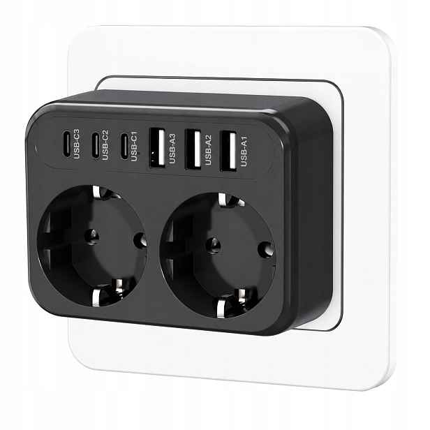 Síťová nabíječka 8v1 rozbočka rozbočovač 2 zásuvky 3x Usb-a 3x Usb-c