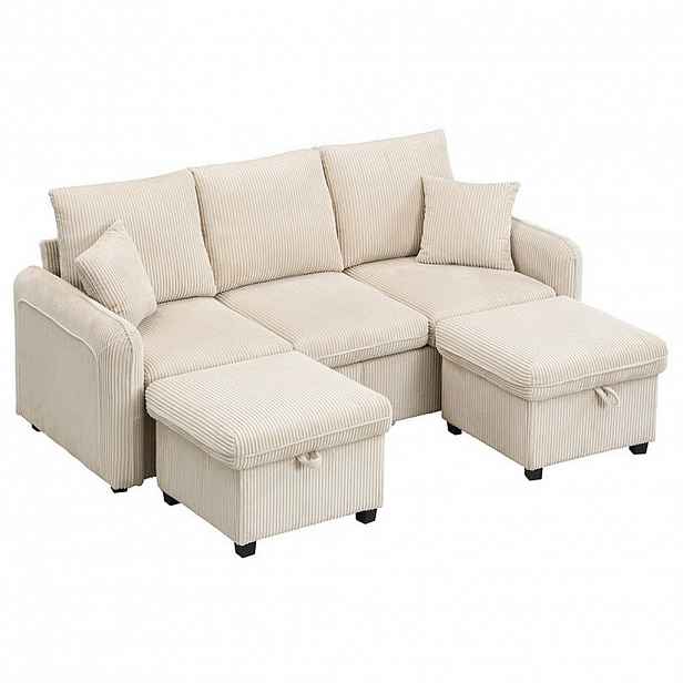 OKWISH SEDACÍ souprava 52/52 cm béžová z manšestrové látky a pěny s úložným prostorem a rozkládací funkcí