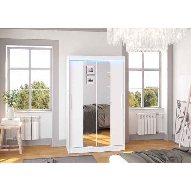 Šatní skříň 120 cm se zrcadlem a LED osvětlením HABRA - bílá