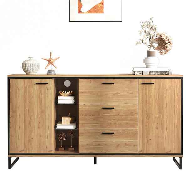 Modenvie SIDEBOARD 160/40/85 cm z dřevěného materiálu v přírodní a černé barvě s LED osvětlením