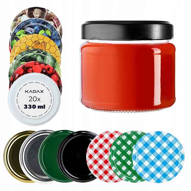 20x Skleněná Zavařovací Sklenice 330 ml 300 ml Džem Med Zavařeniny Šroubovací Víčka Víčko FI82