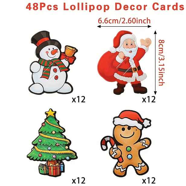 TEMU Dárek pro ni/ 48 vánočních držáků na lízátka s vánočními přáníčky s Santa , sněhuláka, soba a medvěda, ideální pro vánoční dekorace a dárky na