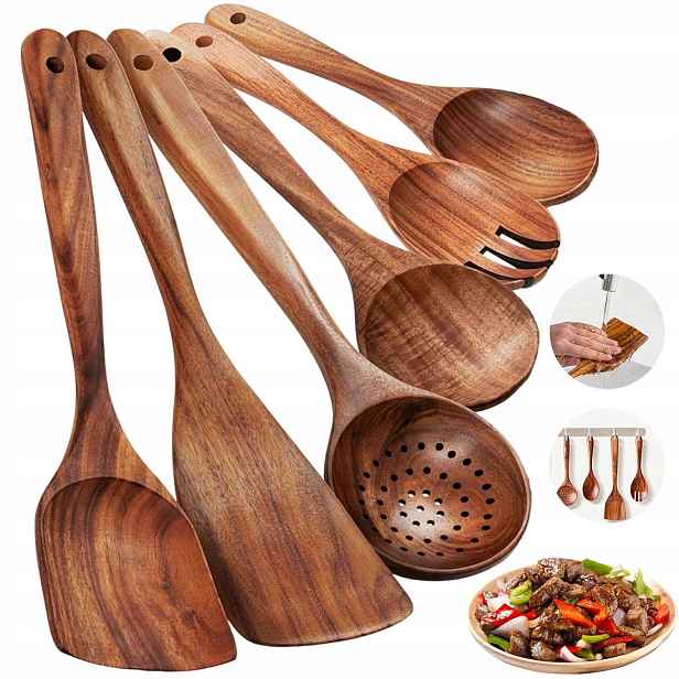 Kuchyňské Náčiní Dřevěné, Ergonomická Sada Na Vaření, Odolná, 6 Kusů