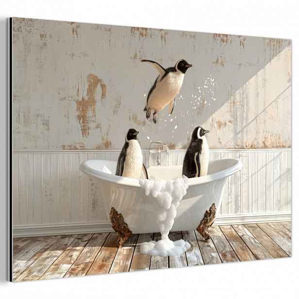MuchoWow KOVOVÝ OBRAZ Vintage - Tučňák - Vana - Pěna 90x60 cm