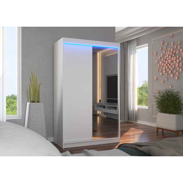 Šatní skříň 120 cm s posuvnými dveřmi a LED osvětlením EABRIA - bílá