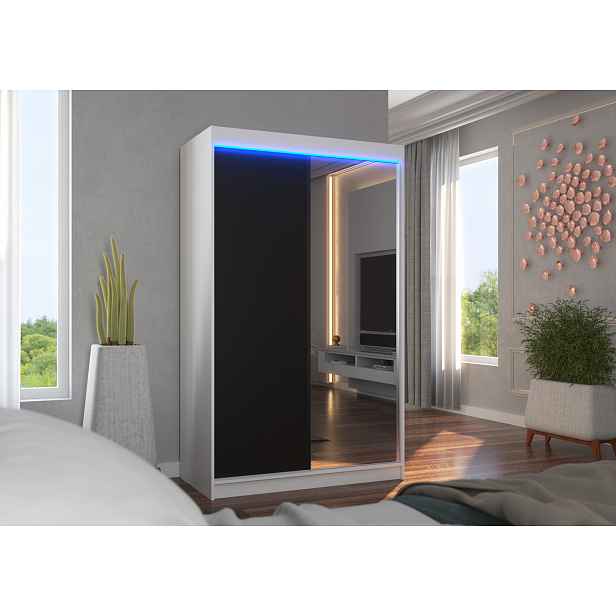 Šatní skříň 120 cm s posuvnými dveřmi a LED osvětlením EABRIA - bílá / černá