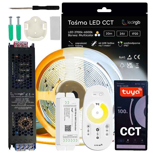Sada Led pásků Cob 24V 20 m (2x10 m) Cct 2700K-6500K Bílá Wifi Tuya Dálkový Ovladač