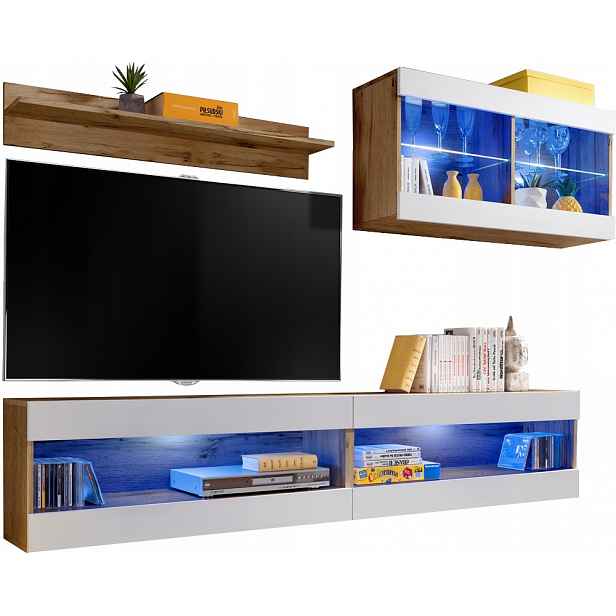 Sada Rtv nábytku Tivoli SET6 Dub Wotan/Bílá, Modré Led