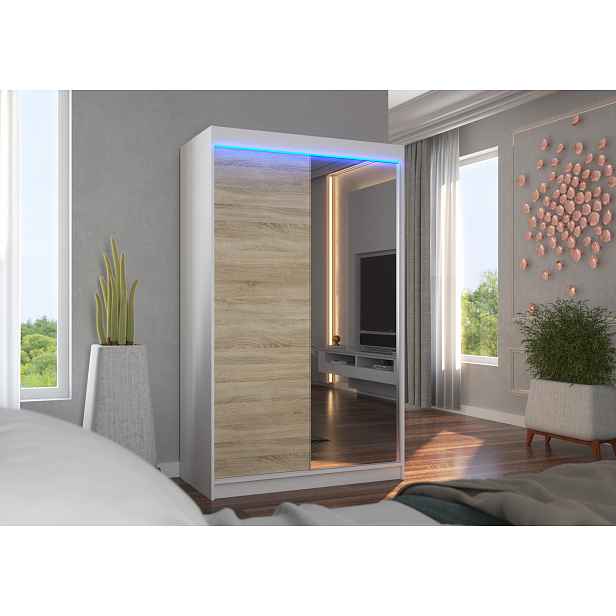 Šatní skříň 120 cm s posuvnými dveřmi a LED osvětlením EABRIA - bílá / dub sonoma
