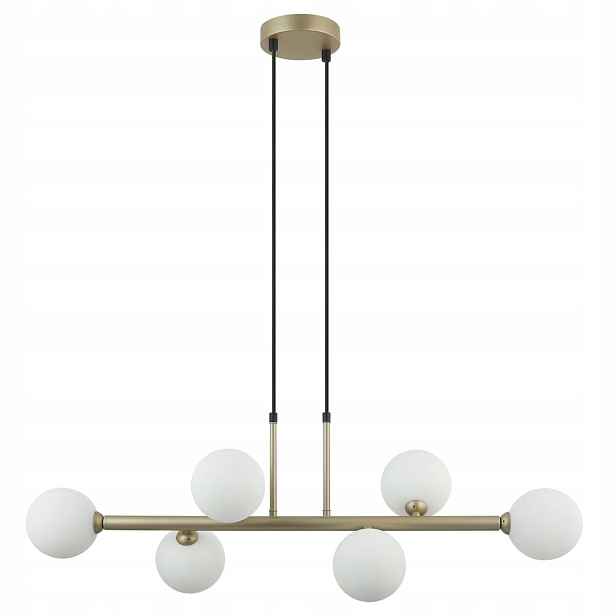 Zlatý skleněný lustr s bílými koulemi, 6 bodů, podlouhlý, 92 cm, do obývacího pokoje Italux