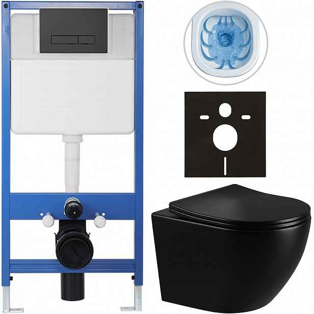 Kompletní WC set Profi/Cesso - černá lesklá - WC tlačítko Slim/Černá matná - předstěnová instalace - 49x36 cm
