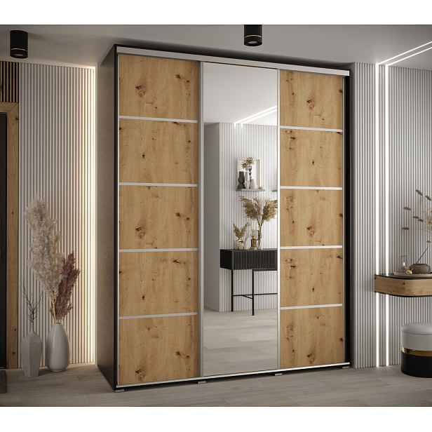 Šatní skříň ASIRI 5 - 200/60 cm, černá / dub artisan / stříbrná
