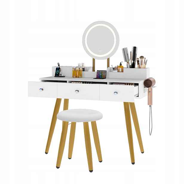 Toaletní Stolek Bílý se zrcadlem 3 zásuvky a Usb porty 100x40x85 cm