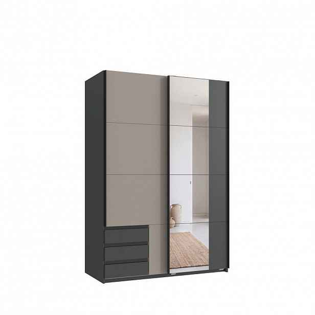 luma-home SKŘÍŇ S VZDUŠNÝMI DVEŘMI, 2dveřová, 135 × 65 × 198 cm (Š×H×V), grafitová, pískově šedé dveře, zrcadlo / 22680