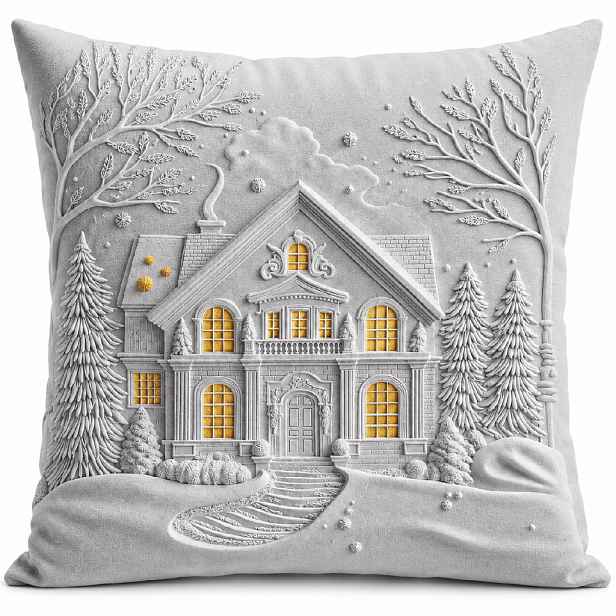 Vánoční povlak na polštář CHRISTMAS HOUSE 3D  stříbrný efekt 40x40 cm