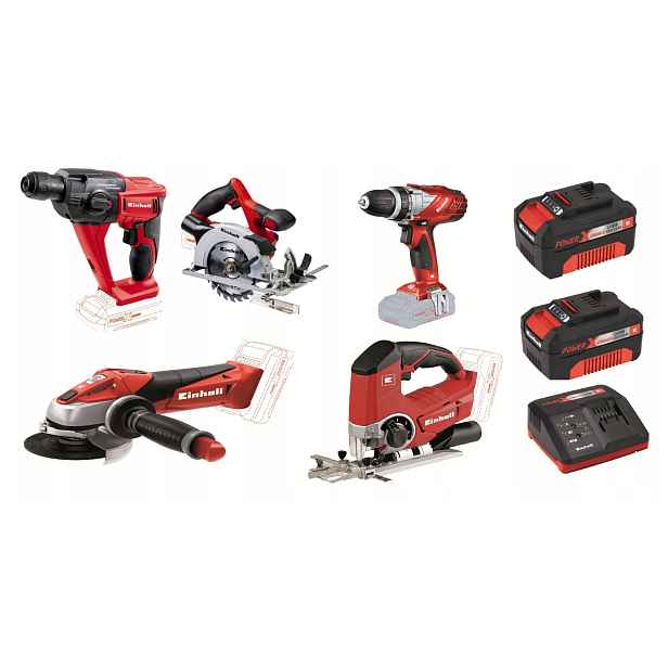 Einhell Sada Aku Elektrického Nářadí 2X4AH Pxc Pila Šroubovák Napájecí Zdroj Kladivo