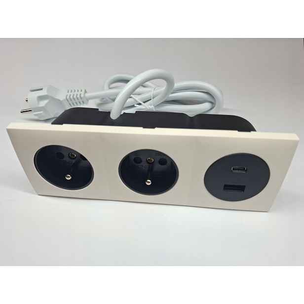 Elektrická zásuvka trojitá 2x230V 2USB zapuštěný nábytkový port ecru