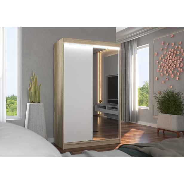 Šatní skříň 120 cm s posuvnými dveřmi a LED osvětlením EABRIA - dub sonoma / bílá