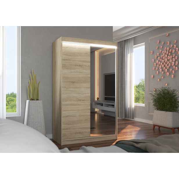 Šatní skříň 120 cm s posuvnými dveřmi a LED osvětlením EABRIA - dub sonoma