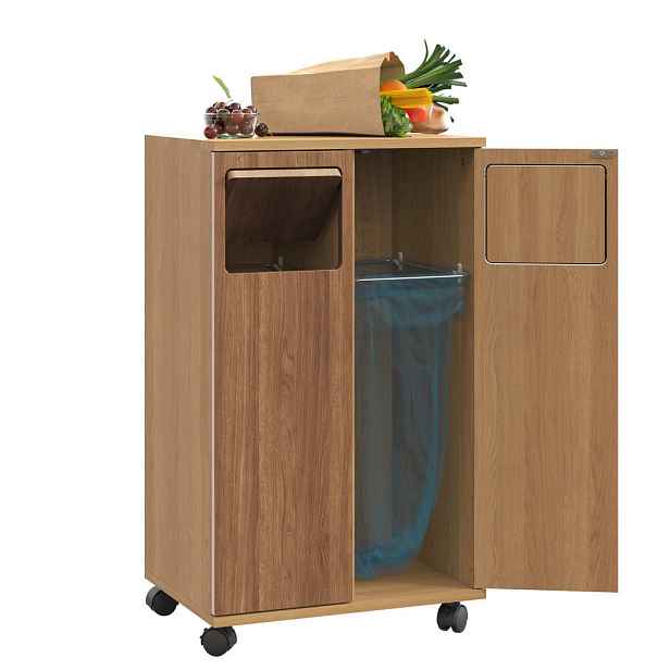 Redom SKŘÍŇKA na tříděný odpad 46,7/35/80 cm se 2 přihrádkami, kolečky a dveřmi 180°, Přírodní