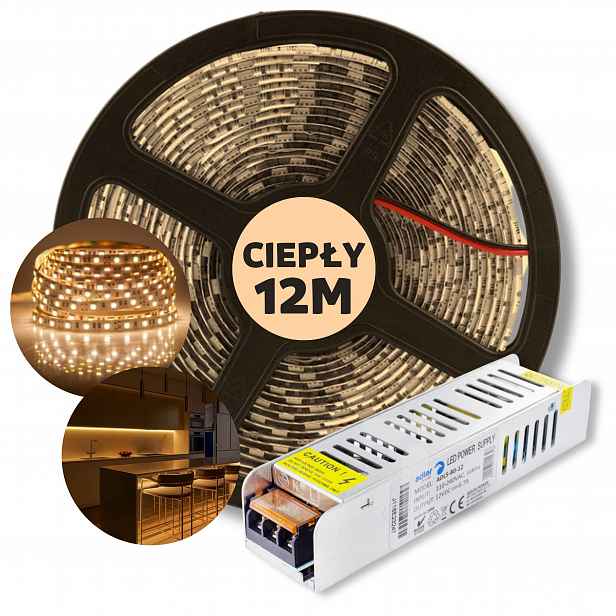 Set 12 m Led pásek Smd bílý teplý s napájecím zdrojem 12 V