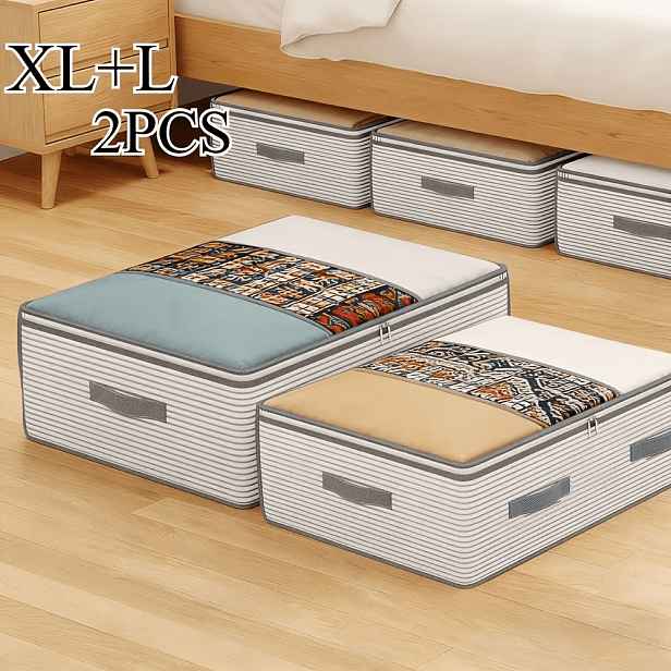 TEMU 2-balení XL+L Velké úložné tašky, vícevrstvý pruhovaný design, odolná netkaná textilie, přenosné skládací tašky na oblečení, ideální pro