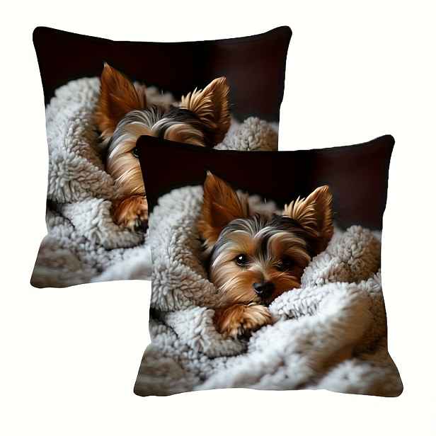 TEMU Sada 2 povlaků na polštáře s oboustranným potiskem Yorkshire Terrier o rozměrech 45,72 x 45,72 cm, vyrobené z polyesterové tkaniny, se zapínáním