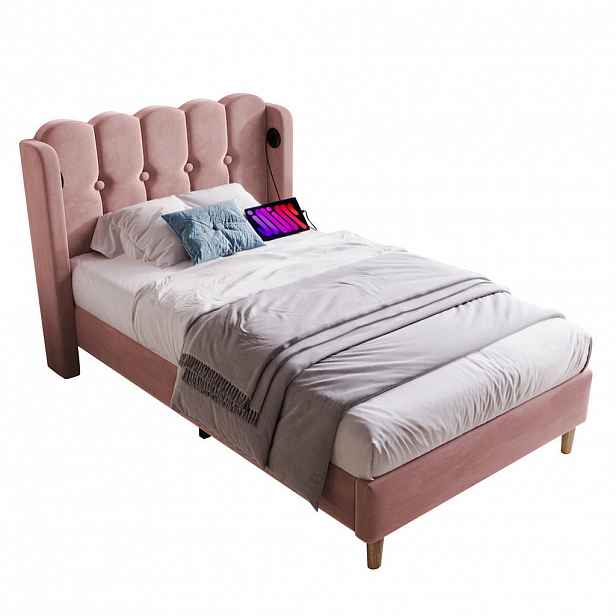WISHDOR ČALOUNĚNÁ POSTEL 90/200 cm růžová samet s USB portem a Type-C