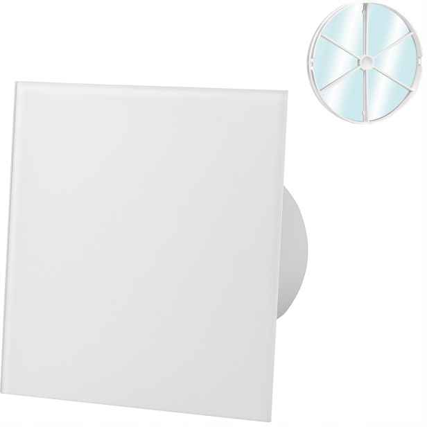 Skleněný Ventilátor Bílý Lesk Časovač Senzor Vlhkosti Zpětný Ventil Fi 125