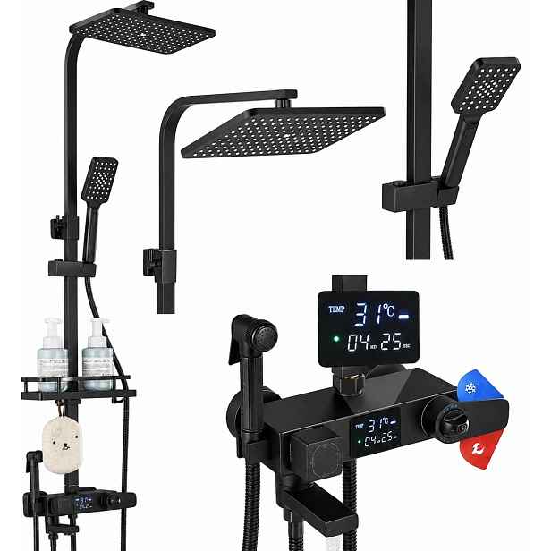 Sprchový Set Dešťová sprcha Termostat LCD Tryska Bidet Sprchová vanička Černá