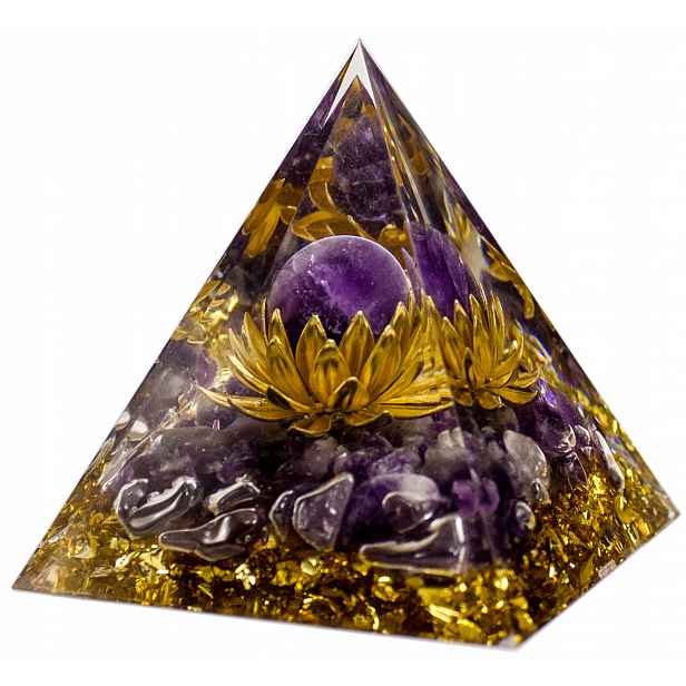 Pyramida Orgonit Ametyst Měď Zlatá Fólie Dárek Harmonizace Čaker 5 cm