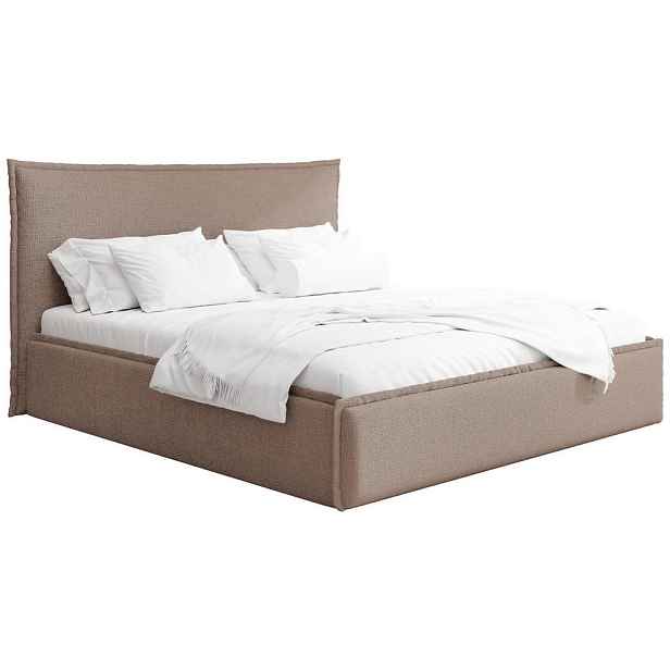 WFL GROUP ČALOUNĚNÁ postel Pillow: úložný prostor, lamelový rošt, vysoké čelo postele - Hnědá žinylka 200x200 cm