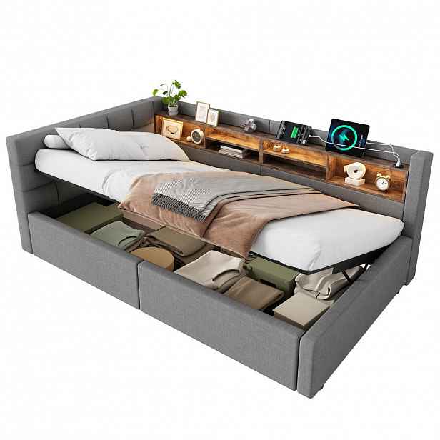 FLIEKS DENNÍ POSTEL 90x200cm Pohovka Úložná LED USB Šedá