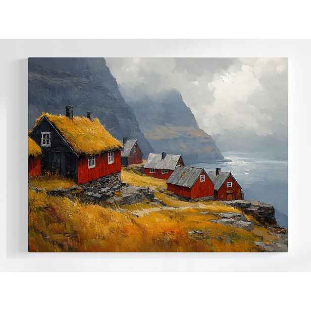 Plakát Norsko Fiordy Červené Domečky Skandinávie 100x75