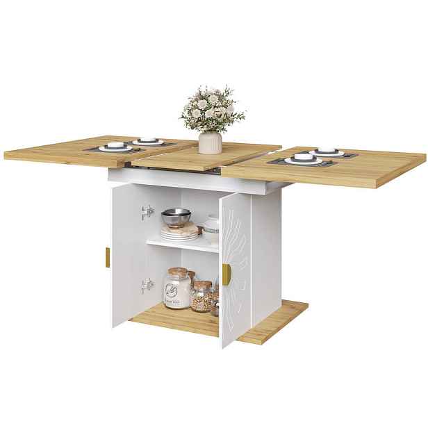 Redom JÍDELNÍ stůl 110(140)/70/76 cm s rozkládací deskou a úložnými policemi, MDF, Bílá